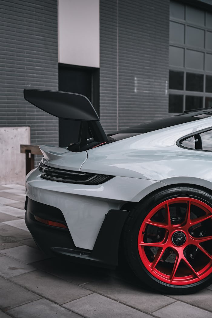 Detailed view of a modern sports car with eye-catching red wheels and custom features.